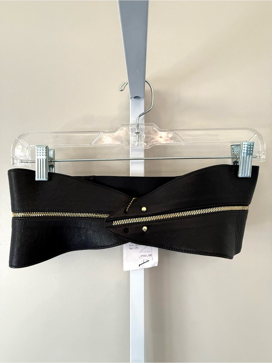 Raina Gaga Black Leather Corset Waist Belt Gold Zip Wide Statement Belt S/M NWT